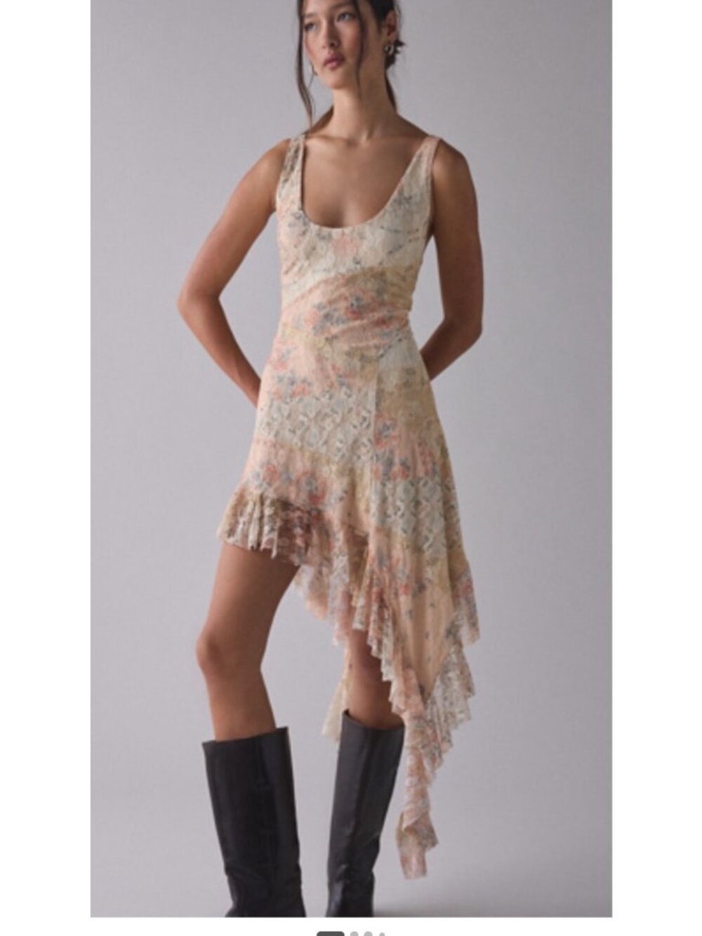 Kimchi Blue patchwork Asymmetric Cascading Ruffle Spliced Lace Midi Dress Y2K Sm